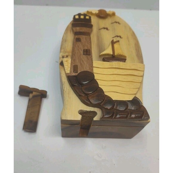 Polished Exotic Hardwood Wood Lighthouse Puzzle Trinket Box 7" Carver Dan - Picture 11 of 16